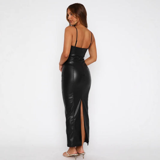 Women Clothing Dress Spring Summer Leather Sling Zipper Back Slit Line Waist Tight Hip Dress - Iyanka