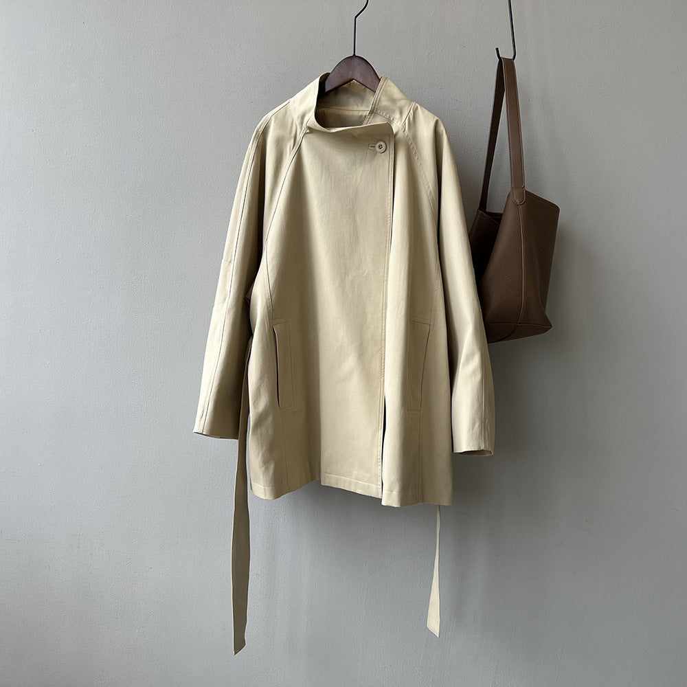 Retro Elegant Mid Length Trench Coat Women Spring Loose Waist Stand Collar Top - Iyanka