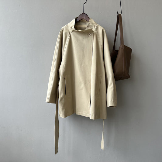 Retro Elegant Mid Length Trench Coat Women Spring Loose Waist Stand Collar Top - Iyanka