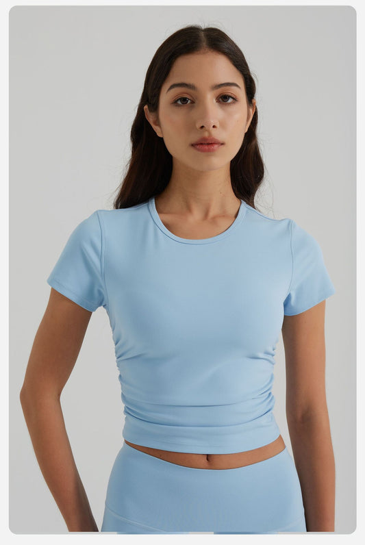 Nude Feel Yoga Clothes Women Slim Fit Pleating Stretchy Slim Fit Sports Yoga Short Sleeve Summer Breathable Workout Top - Iyanka