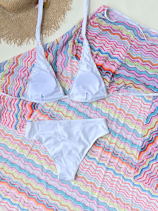 Sexy Bikini Skirt Three Piece Sets Striped Printed High Waist Split Swimsuit Women - Iyanka