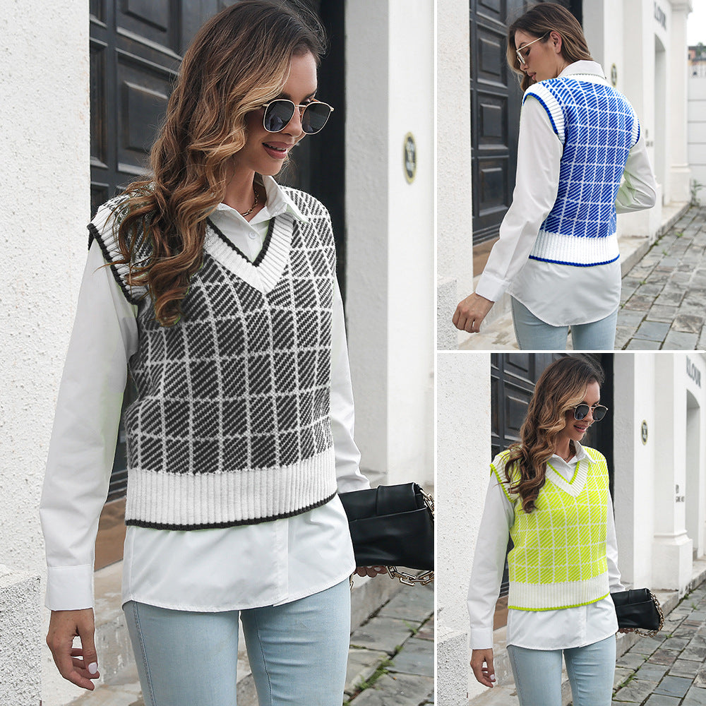 Plaid V-neck Vest Sweater Women Vest Outer Wear Inner Wear Autumn Winter Striped Knitwear Sweater - Iyanka