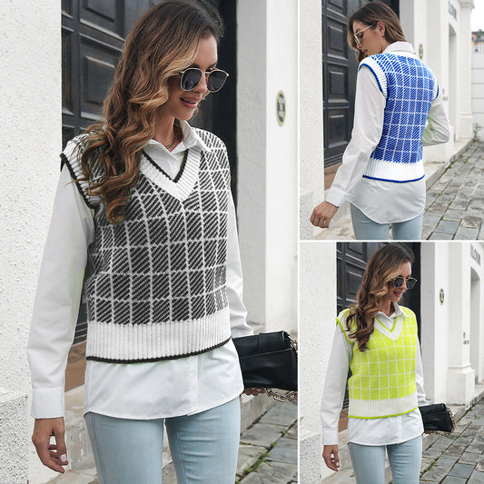 Plaid V-neck Vest Sweater Women Vest Outer Wear Inner Wear Autumn Winter Striped Knitwear Sweater - Iyanka