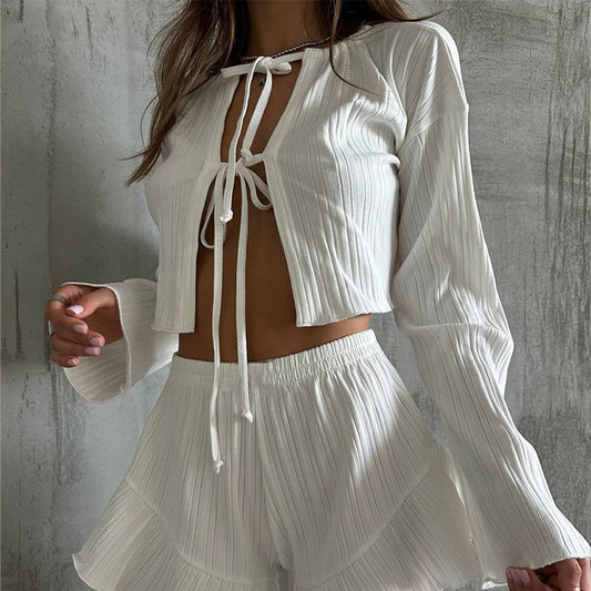 Summer Loose Casual Lace up Cardigan Top Shorts Home Two Piece Sets - Iyanka