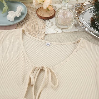 Autumn Winter Long Sleeve Lace up Trousers Two Piece Pajamas Knitted Sunken Stripe Ladies Homewear - Iyanka