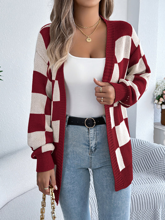 Autumn Winter Contrast Color Plaid Lantern Sleeve Cardigan Sweater Mid Length Coat Women Clothing - Iyanka