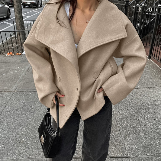 Autumn Winter Woolen Collared Loose Casual Jacket Coat Women Clothing - Iyanka