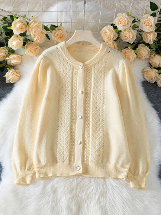 Women Autumn Winter Elegant Solid Color Knitted Cardigan Crocheted Hollow Out Cutout out Long Sleeve Single Breasted Sweater Coat - Iyanka