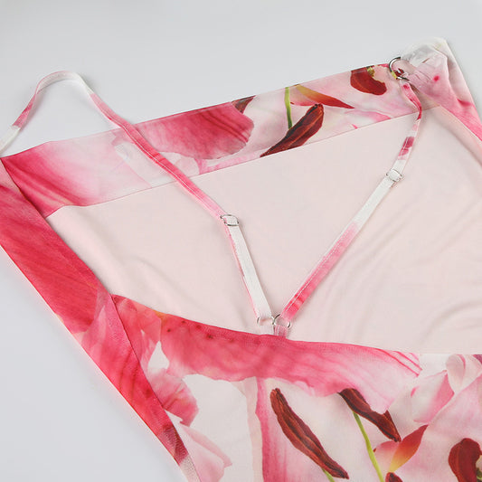 Summer Vacation Sexy Pleated Swing Collar One Shoulder Crossbody Ring Stitching Floral Print Dress