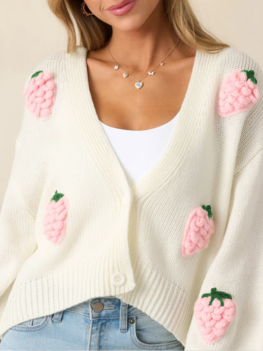 3D Strawberry Pattern Women Elegant Sweater Cardigan Autumn Winter Button Long Sleeve Sweater - Iyanka