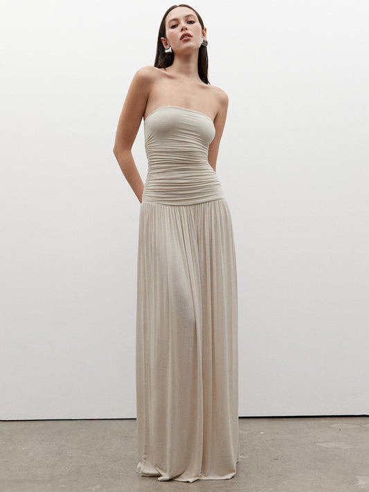 Women Clothing Solid Color Sleeveless Backless Slim Fit Pleated Tube Top Maxi Dress