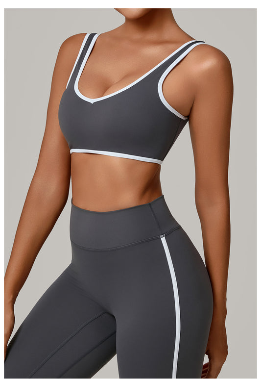 Autumn Sand Contrast Color Wide Shoulder Strap Sports Underwear Shockproof Women One Piece Yoga Bra Outdoor Workout Clothes - Iyanka