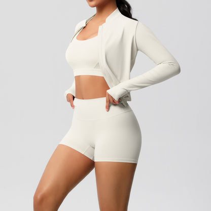 Solid Color Cloud Sense Yoga Bra Sports Coat Pilates Running Shorts Fitness Yoga Wear Three Piece Set for Women - Iyanka
