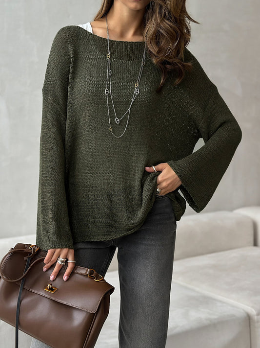 Simple Solid Color Long Sleeved Sweater Spring Knitted Hollow Out Cutout Top Casual Sweater - Iyanka