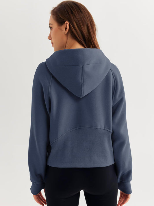 Half Zipper Pullover Hooded Sweatshirt Fleece Short Chic Scuba Sweater for Women - Iyanka