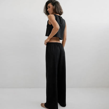 Spring Summer Home Wear Sleeveless Vest Pants Two Piece Set Knitted Emerized Pajamas for Women - Iyanka