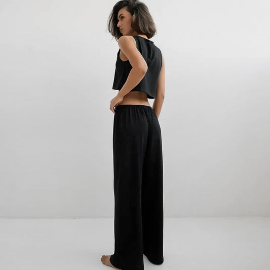 Spring Summer Home Wear Sleeveless Vest Pants Two Piece Set Knitted Emerized Pajamas for Women - Iyanka