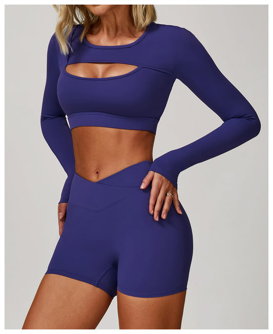 Nude Feel Tight Yoga Long Sleeve Shockproof Sports Hollow Out Cutout T shirt Running Workout Yoga Top - Iyanka