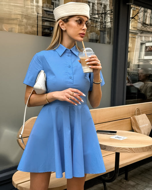 Spring Summer Casual Vitality Blue Collared Short Sleeve Slim Fit Sexy Design Dress Niche Office Dress