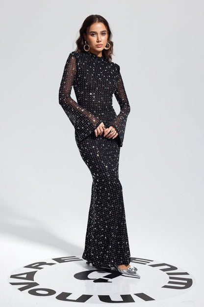 Arrival Black Dress Sexy Strap Rhinestone Tight Long Sleeve Dress