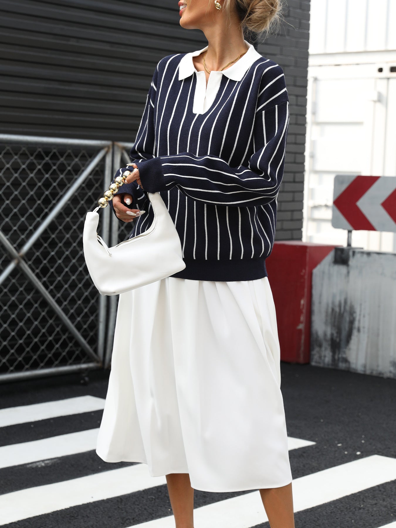 Autumn College Casual Street Trendy Polo Collar Stripes Women Sweater - Iyanka