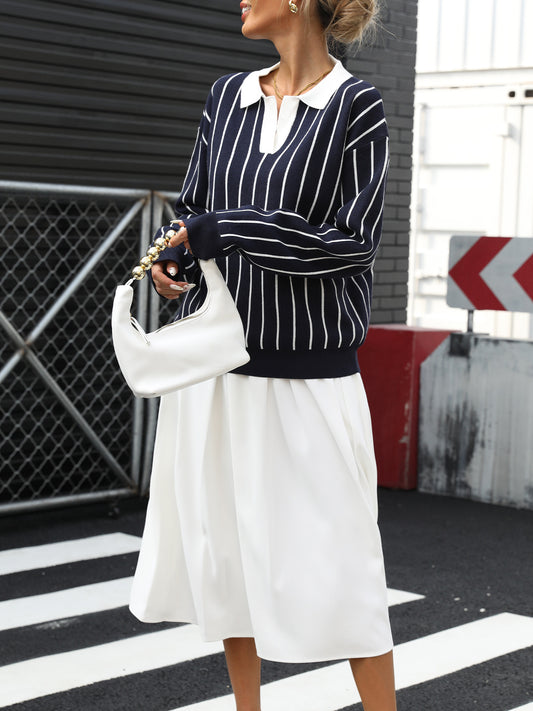Autumn College Casual Street Trendy Polo Collar Stripes Women Sweater - Iyanka