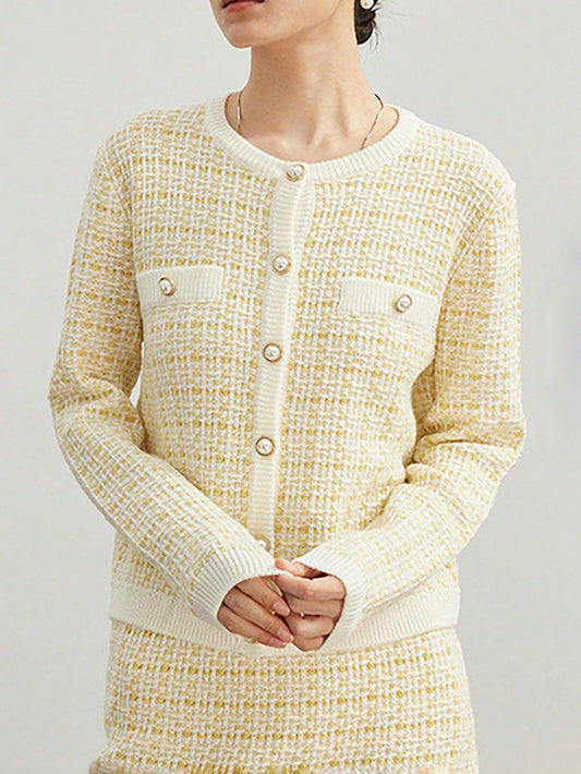 Western Classy Women round Neck Long Sleeve Stitching Plaid Knitted Sweater Top Hip Knitwear Skirt Outfit - Iyanka