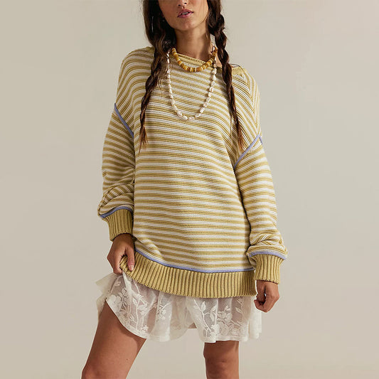 Autumn Winter Women Clothing Striped Knitted Top round Neck Pullover Loose Fitting Long Sleeves Sweater - Iyanka