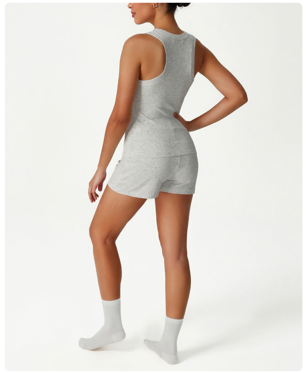 Tight Sleeveless Sports Vest Suit High Waist Casual Bum Lift Shorts Two Piece Sets Training Workout Clothes - Iyanka