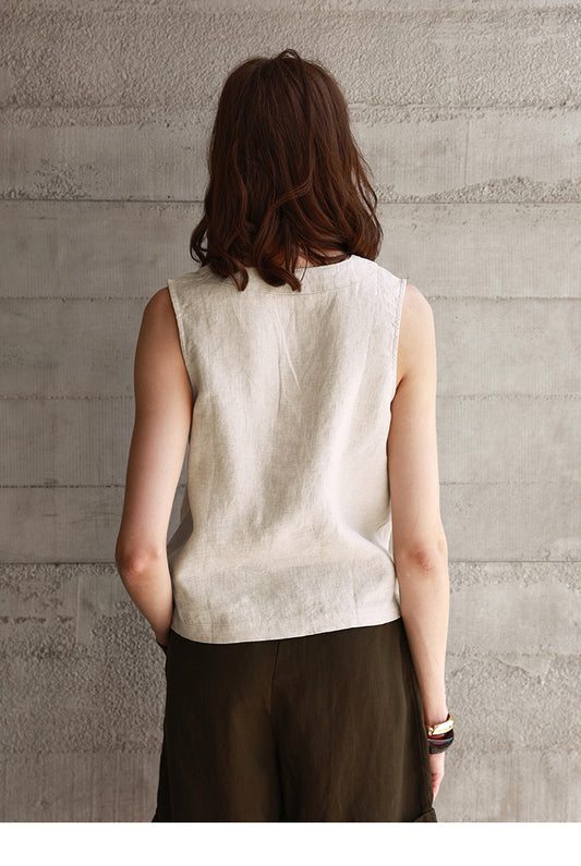 Summer All Linen Women Vests Special Interest Design V neck Sleeveless Top Solid Color Vest - Iyanka