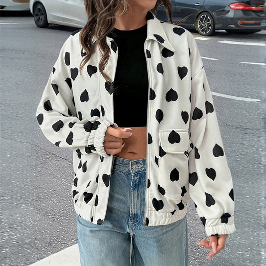 Street Casual Sweet Zipper Collared Love Coat Women Spring Autumn Jacket - Iyanka