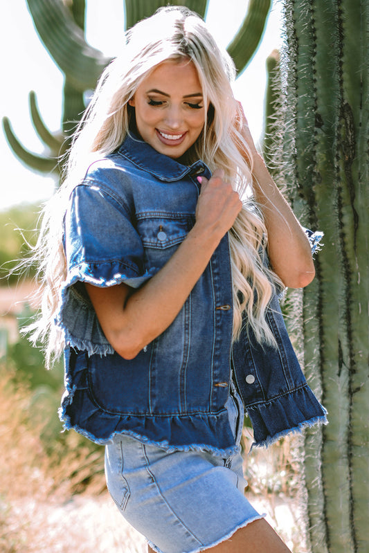 Spring Summer Gradient Color Frayed Hem Denim Jacket Women Single Row Multi Buckle Short Sleeve Top Women - Iyanka