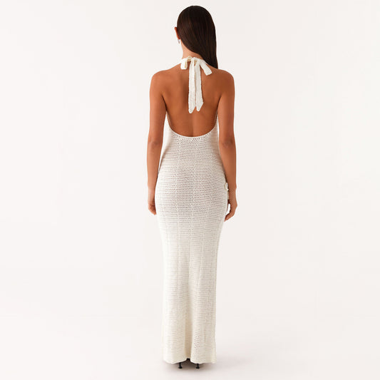 Sexy Hollow Out Cutout Floating Floral Halter Backless Sleeveless Casual Vacation Beach Dress - Iyanka