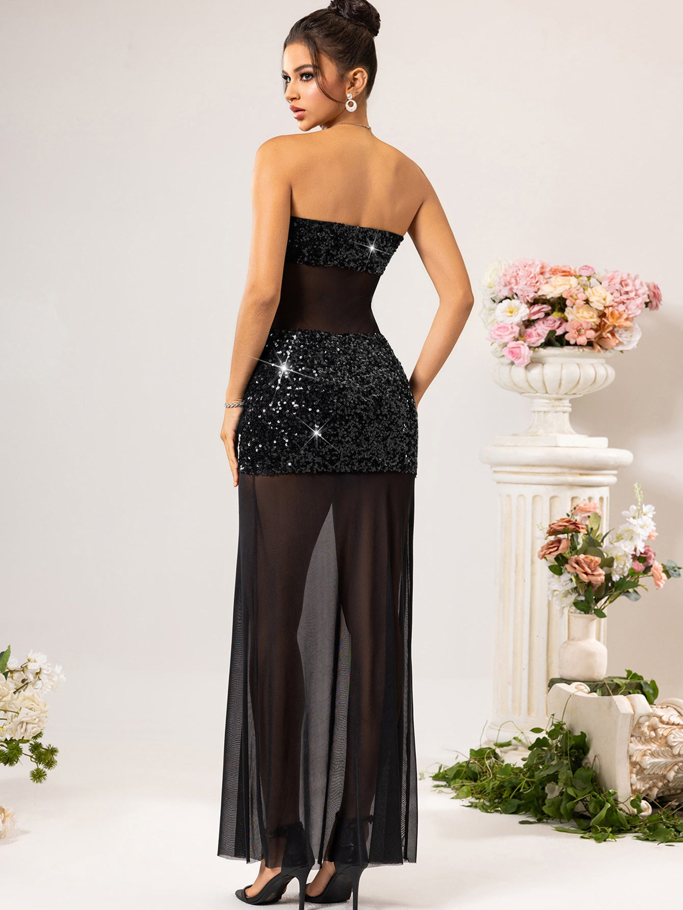 Sheer Mesh Stitching Sequin Dress - Iyanka