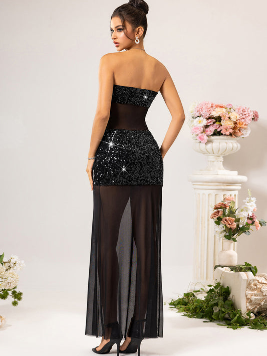 Sheer Mesh Stitching Sequin Dress - Iyanka