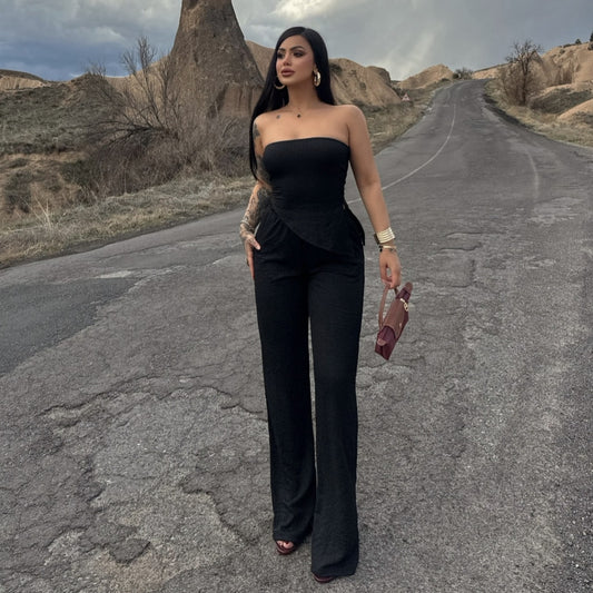 Summer Women Clothing Sexy off the Shoulder Tube Top Beveled Top Slim Trousers Two Piece Sets - Iyanka