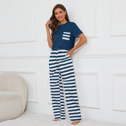 Real Shot round Neck Short Sleeve Top Striped Printed Lace Trousers Home Wear Pajamas Suit for Women - Iyanka