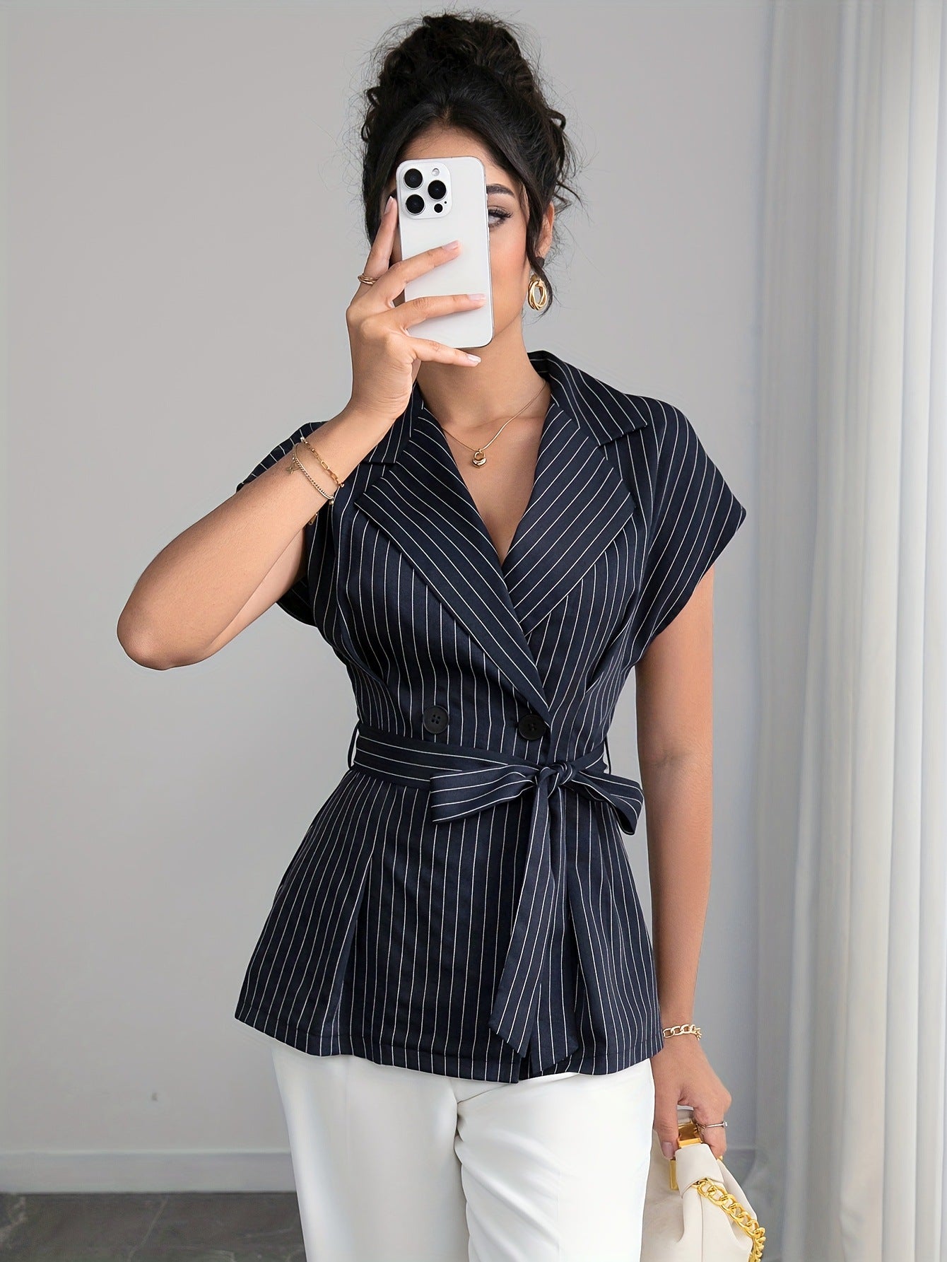 Elegant Collared Cardigan Short Sleeve Blazer Double Row Button Lace up Waist Controlled Design Shirt Women - Iyanka