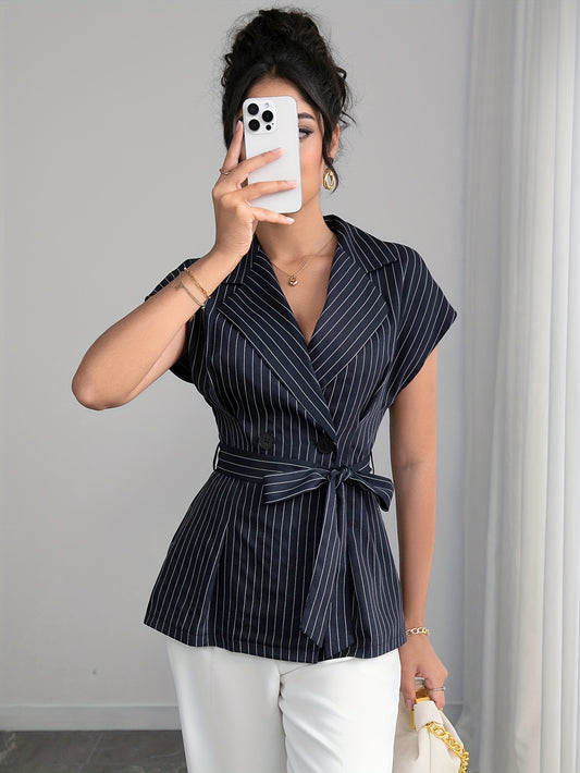 Elegant Collared Cardigan Short Sleeve Blazer Double Row Button Lace up Waist Controlled Design Shirt Women - Iyanka