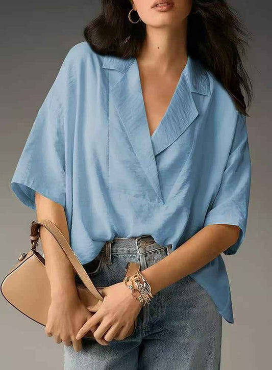Women’s Summer Short Sleeve Collared Casual Loose Top – Solid Shirt
