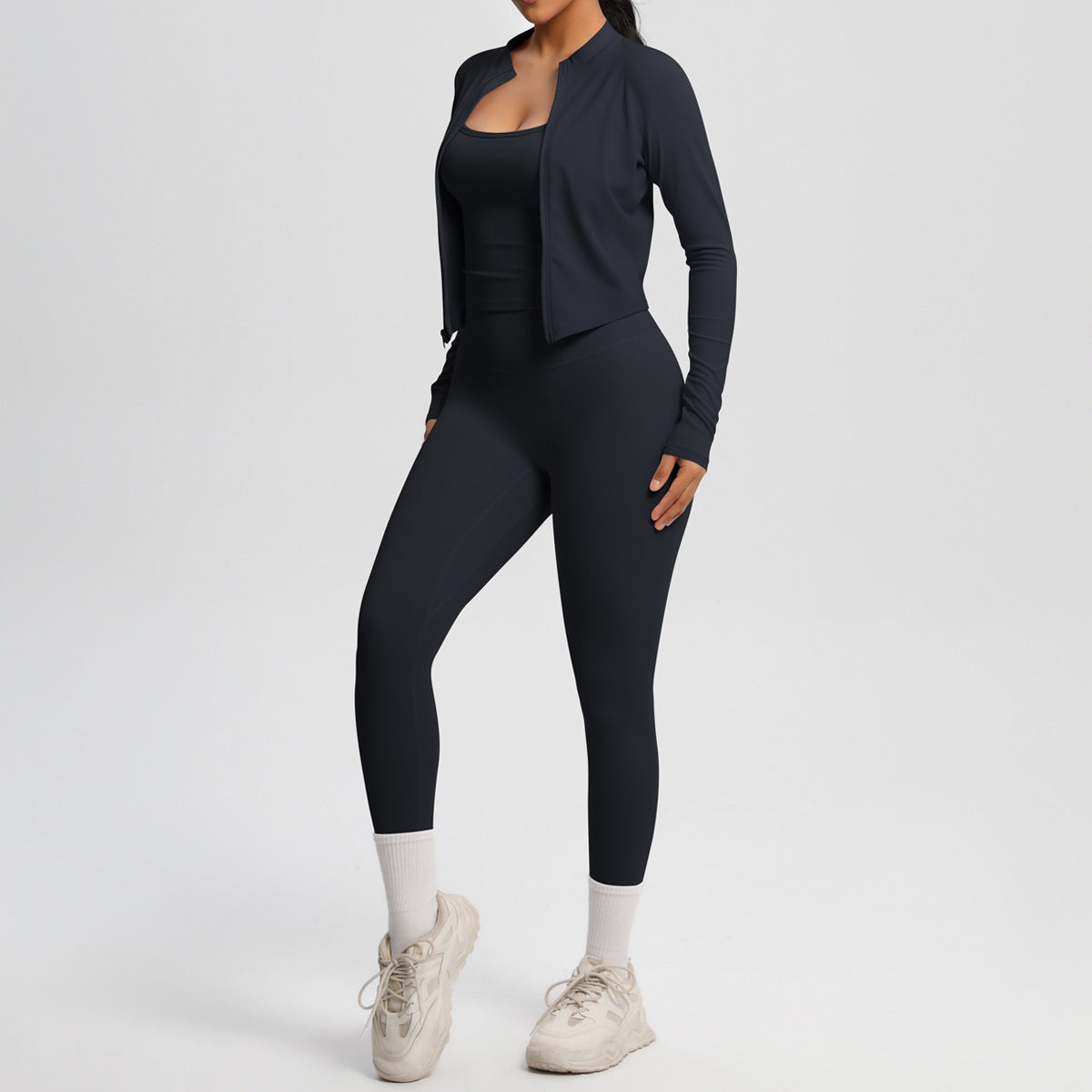 Skinny Yoga Pants High Waist Nude Feel Camisole Sports Zip Long Sleeve Coat Workout Clothes Three Piece Set - Iyanka