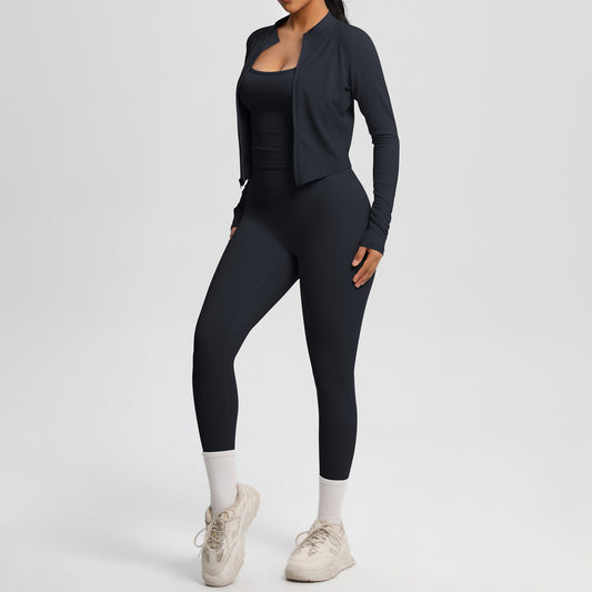 Skinny Yoga Pants High Waist Nude Feel Camisole Sports Zip Long Sleeve Coat Workout Clothes Three Piece Set - Iyanka