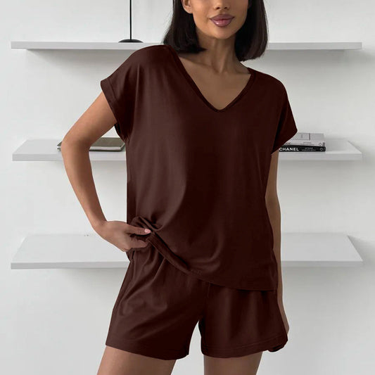 Ladies Pajamas Summer Thin Loose Comfortable Knitted Solid Color Short Sleeve Shorts Two Piece Home Wear - Iyanka