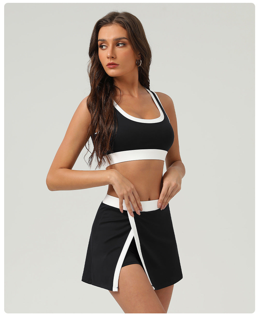 Contrast Color Sports Bra Tennis Skirt Set Women Quick Drying Anti Emptied Pantskirt Sports Set - Iyanka