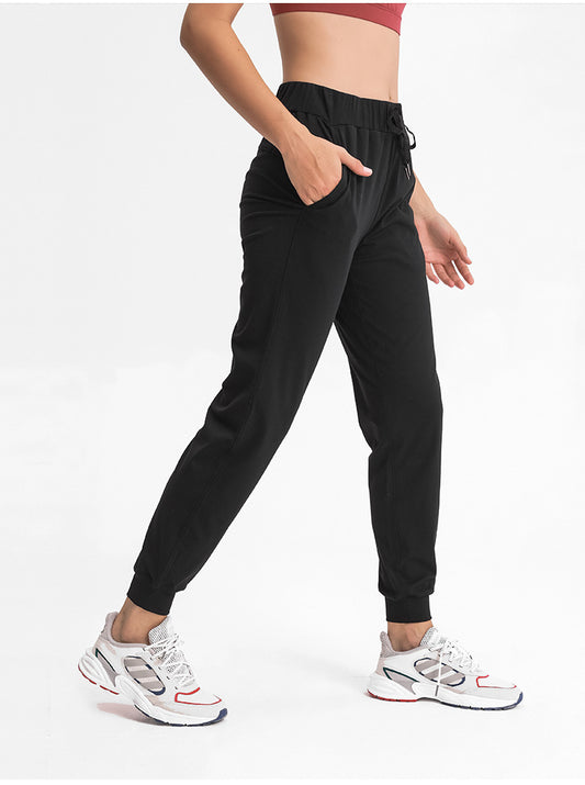 Spring Summer Elastic Lace-up Waist Yoga Pants Simple Straight Sports Casual Elastic Ankle-Tied Cropped Pants for Women - Iyanka