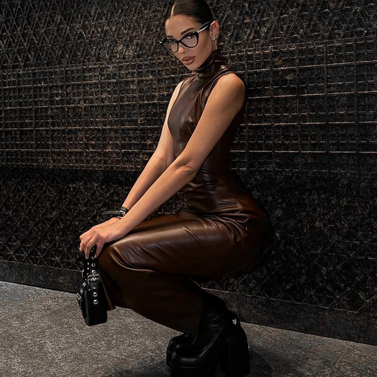 Women Clothing Turtleneck Faux Leather Sleeveless Waist Sheath Split Dress Women Dress - Iyanka