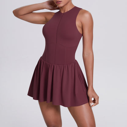 Cloud Sense Faux Two Pieces Zipped Stand Collar Dress Outdoor Running Anti Exposure Pocket Leggings Tennis Dress Women - Iyanka