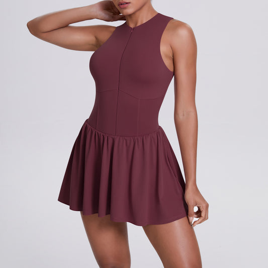Cloud Sense Faux Two Pieces Zipped Stand Collar Dress Outdoor Running Anti Exposure Pocket Leggings Tennis Dress Women - Iyanka