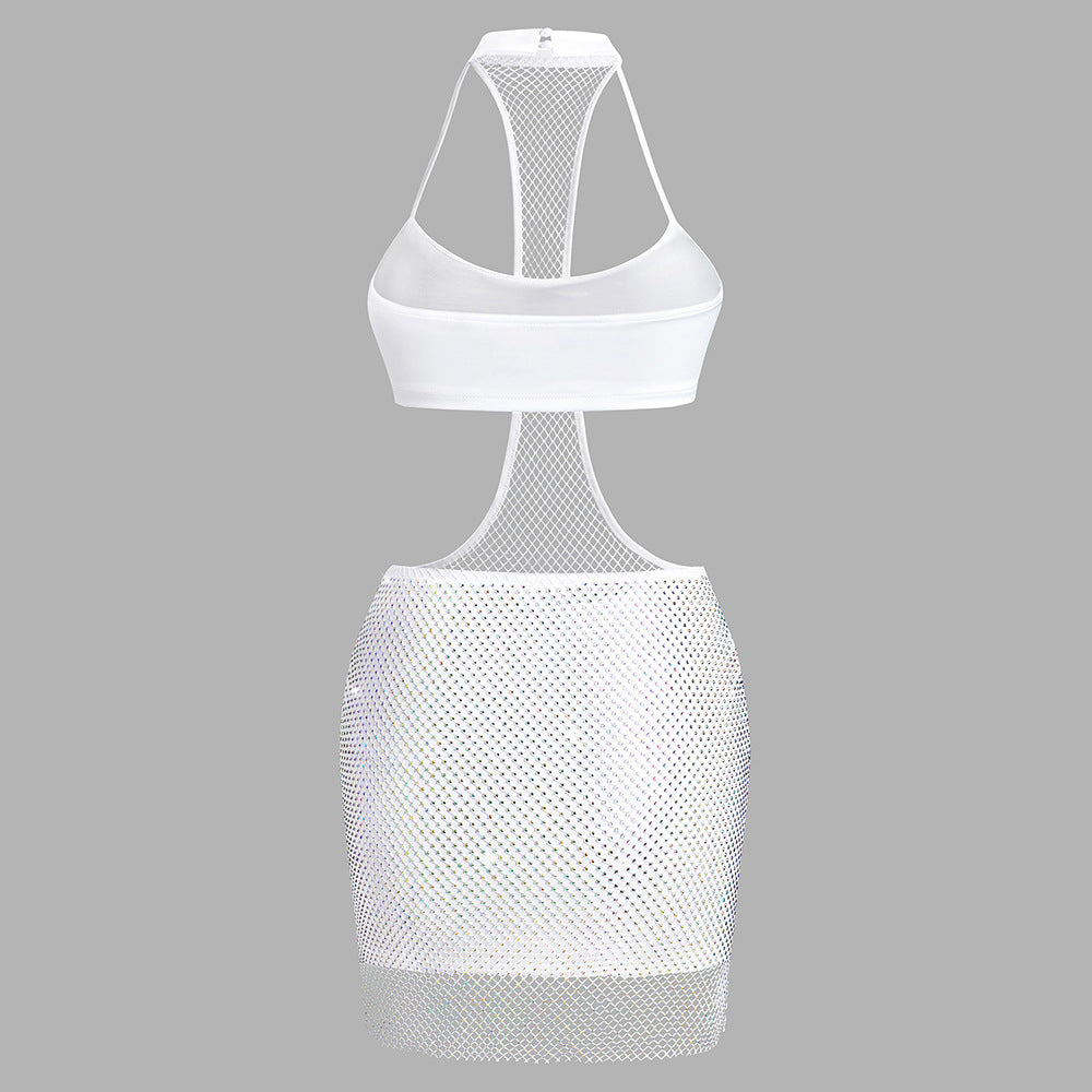 High Neck Cami Bra Sexy Siamese Cropped Outfit Hip Skirt Net Drill Women Milk Silk