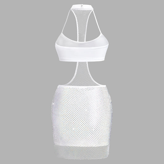 High Neck Cami Bra Sexy Siamese Cropped Outfit Hip Skirt Net Drill Women Milk Silk